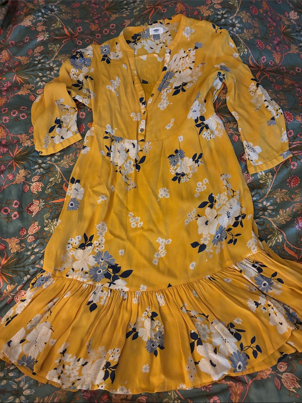 Old Navy Floral Yellow Button-Front Ruffle Hem Dress